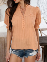 Devine Frill Notched Short Sleeve Blouse - Diverse Creations & CompanyDevine Frill Notched Short Sleeve BloSherbet