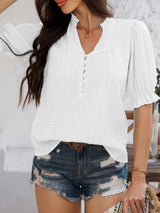 Devine Frill Notched Short Sleeve Blouse - Diverse Creations & CompanyDevine Frill Notched Short Sleeve BloWhite