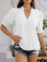 Devine Frill Notched Short Sleeve Blouse - Diverse Creations & CompanyDevine Frill Notched Short Sleeve BloWhite