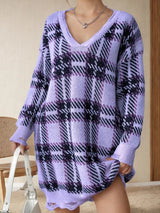 Distressed Plaid V - Neck Long Sleeve Sweater Dress - Diverse Creations & Companysweater dressPink Purple