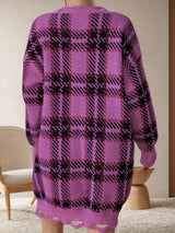 Distressed Plaid V - Neck Long Sleeve Sweater Dress - Diverse Creations & Companysweater dressRed - Violet
