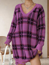 Distressed Plaid V - Neck Long Sleeve Sweater Dress - Diverse Creations & Companysweater dressRed - Violet