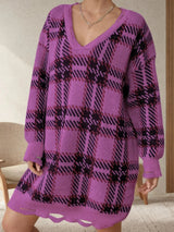 Distressed Plaid V - Neck Long Sleeve Sweater Dress - Diverse Creations & Companysweater dressRed - Violet
