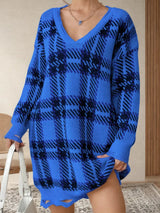 Distressed Plaid V - Neck Long Sleeve Sweater Dress - Diverse Creations & Companysweater dressRoyal Blue