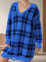 Distressed Plaid V - Neck Long Sleeve Sweater Dress - Diverse Creations & Companysweater dressRoyal Blue