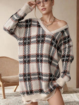 Distressed Plaid V - Neck Long Sleeve Sweater Dress - Diverse Creations & Companysweater dressTan
