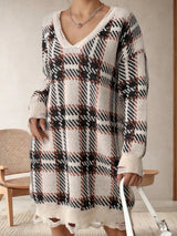 Distressed Plaid V - Neck Long Sleeve Sweater Dress - Diverse Creations & Companysweater dressTan
