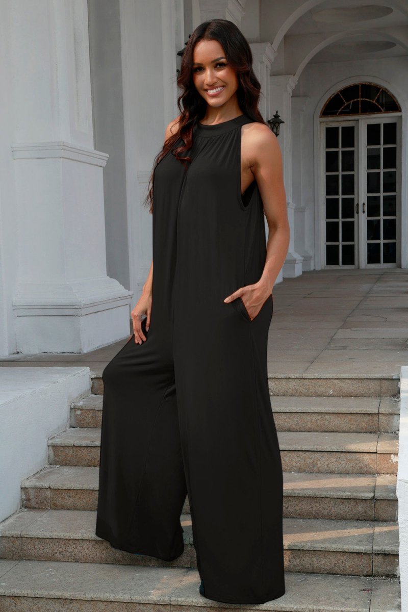 Double Take Full Size Tie Back Cutout Sleeveless Jumpsuit - Diverse Creations & CompanyDouble Take Full Size Tie Back Cutout Sleeveless JumpsuitBlack