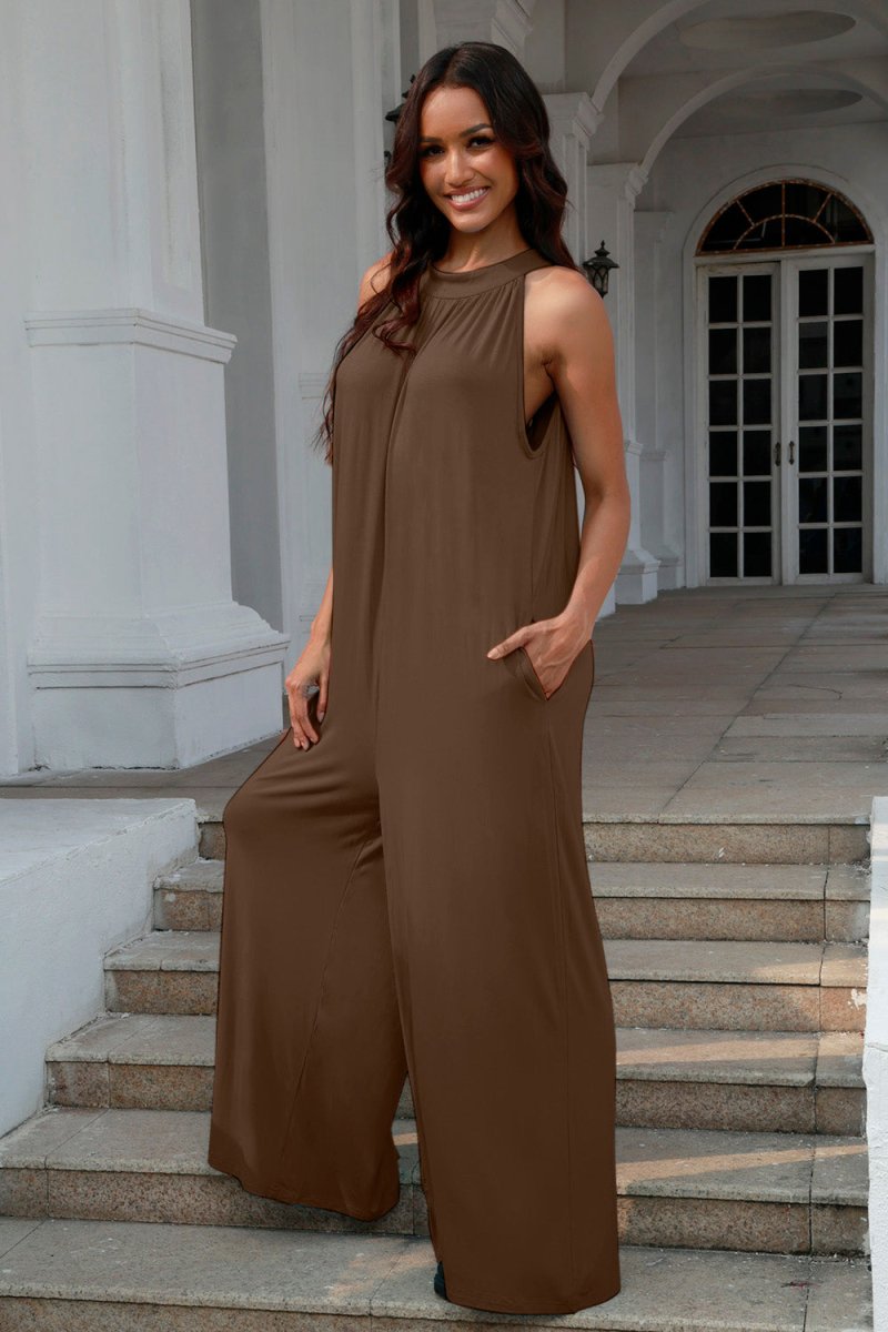 Double Take Full Size Tie Back Cutout Sleeveless Jumpsuit - Diverse Creations & CompanyDouble Take Full Size Tie Back Cutout Sleeveless JumpsuitBrown