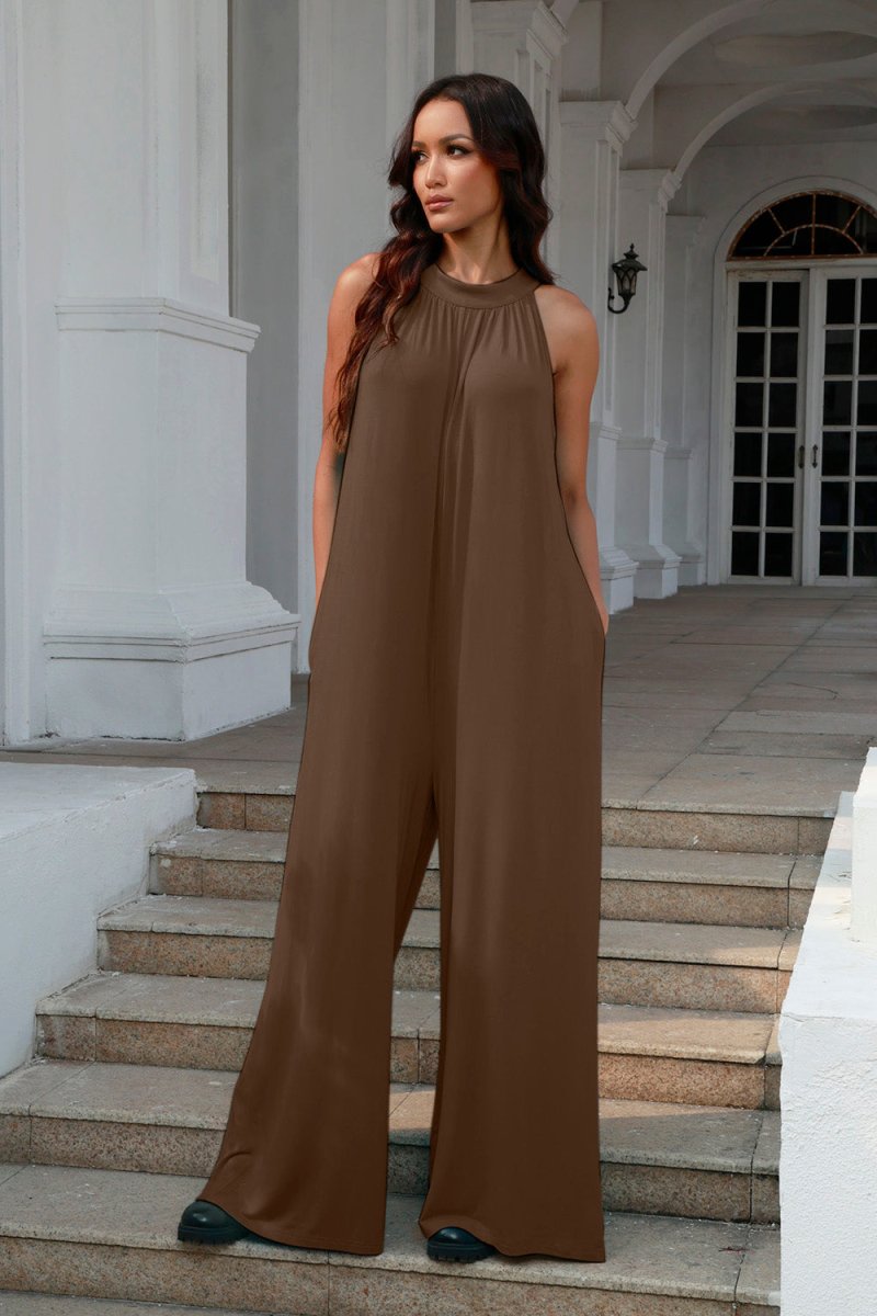 Double Take Full Size Tie Back Cutout Sleeveless Jumpsuit - Diverse Creations & CompanyDouble Take Full Size Tie Back Cutout Sleeveless JumpsuitBrown