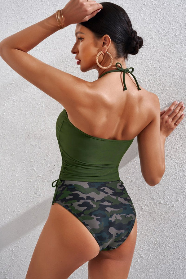 Drawstring Ruched Halter Neck Swim Top and Camouflage Bottoms Set - Diverse Creations & CompanySwimwear Halter Top and Bottom SetGreen