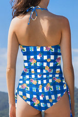 Floral Gingham Halter Neck Drawstring One Piece Swimwear - Diverse Creations & CompanyOne piece swimwearBlue