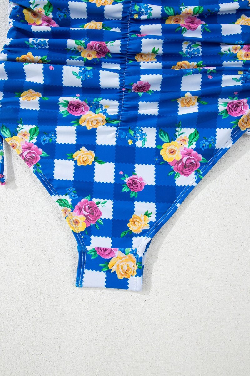 Floral Gingham Halter Neck Drawstring One Piece Swimwear - Diverse Creations & CompanyOne piece swimwearBlue