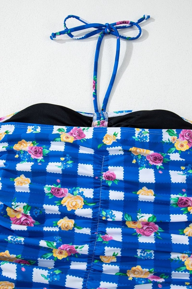Floral Gingham Halter Neck Drawstring One Piece Swimwear - Diverse Creations & CompanyOne piece swimwearBlue