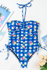 Floral Gingham Halter Neck Drawstring One Piece Swimwear - Diverse Creations & CompanyOne piece swimwearBlue