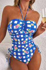 Floral Gingham Halter Neck Drawstring One Piece Swimwear - Diverse Creations & CompanyOne piece swimwearBlue