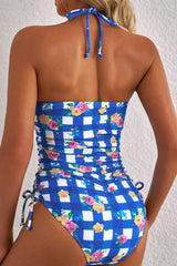 Floral Gingham Halter Neck Drawstring One Piece Swimwear - Diverse Creations & CompanyOne piece swimwearBlue