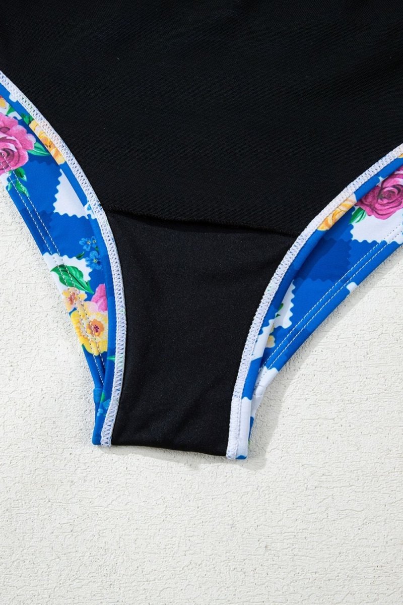 Floral Gingham Halter Neck Drawstring One Piece Swimwear - Diverse Creations & CompanyOne piece swimwearBlue