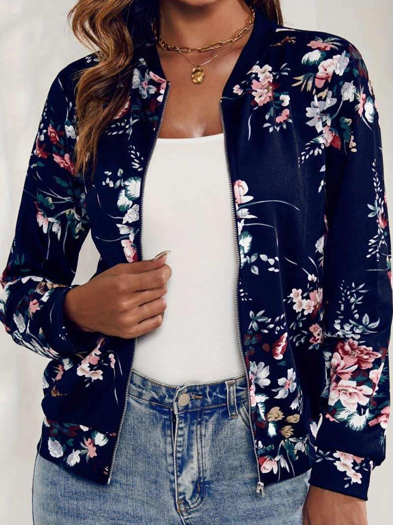 Floral Printed Zip Up Long Sleeve Outerwear - Diverse Creations & CompanyPrinted Zip Up Long Sleeve OuterwearDark Navy