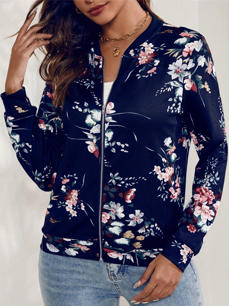 Floral Printed Zip Up Long Sleeve Outerwear - Diverse Creations & CompanyPrinted Zip Up Long Sleeve OuterwearDark Navy