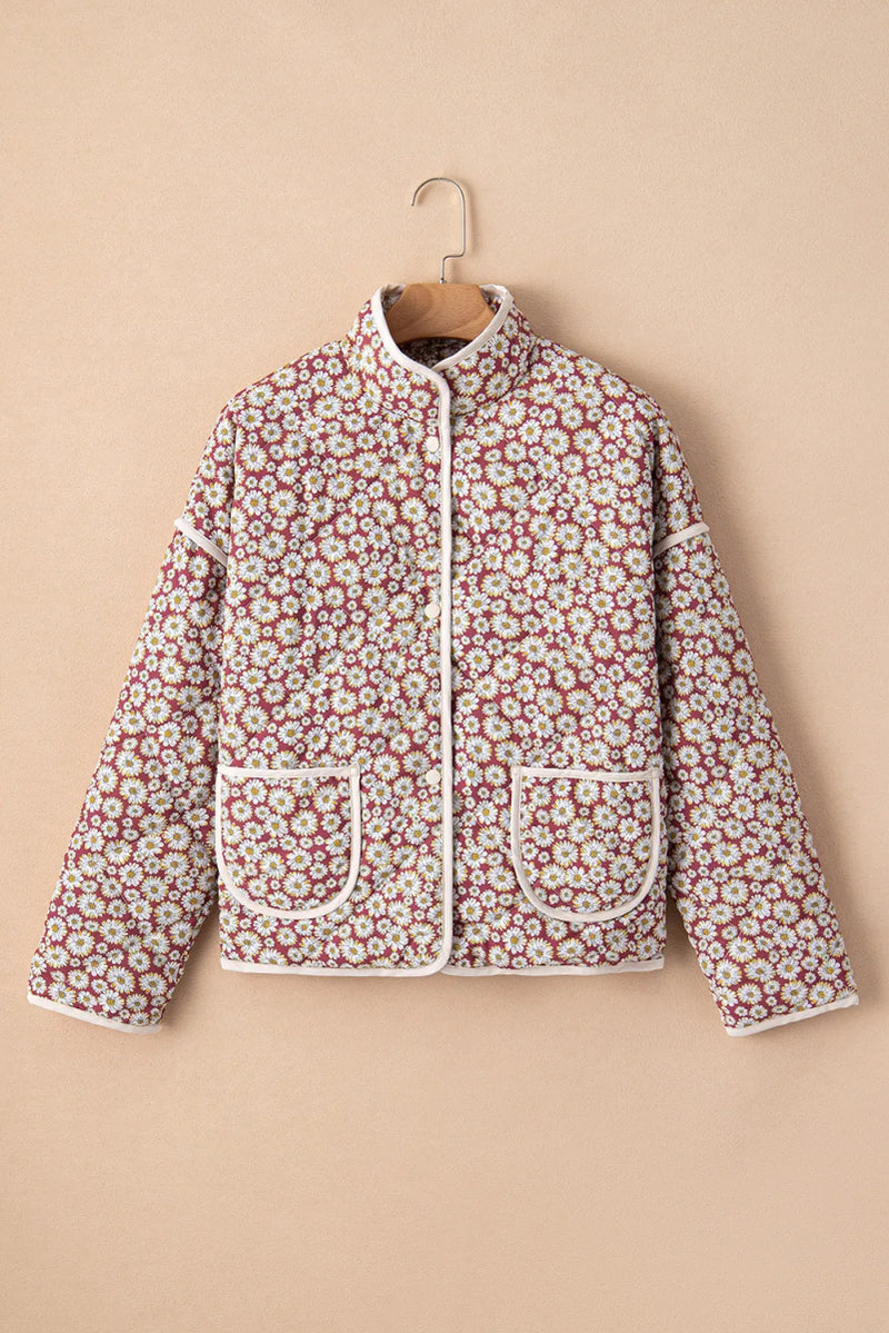 Floral Snap Down Mock Neck Coat - Diverse Creations & CompanyFloral Snap Down Mock Neck CoatBurgundy