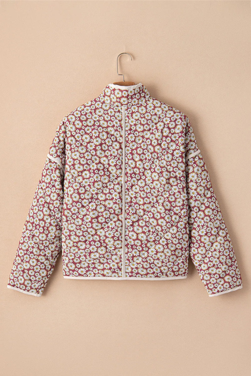 Floral Snap Down Mock Neck Coat - Diverse Creations & CompanyFloral Snap Down Mock Neck CoatBurgundy