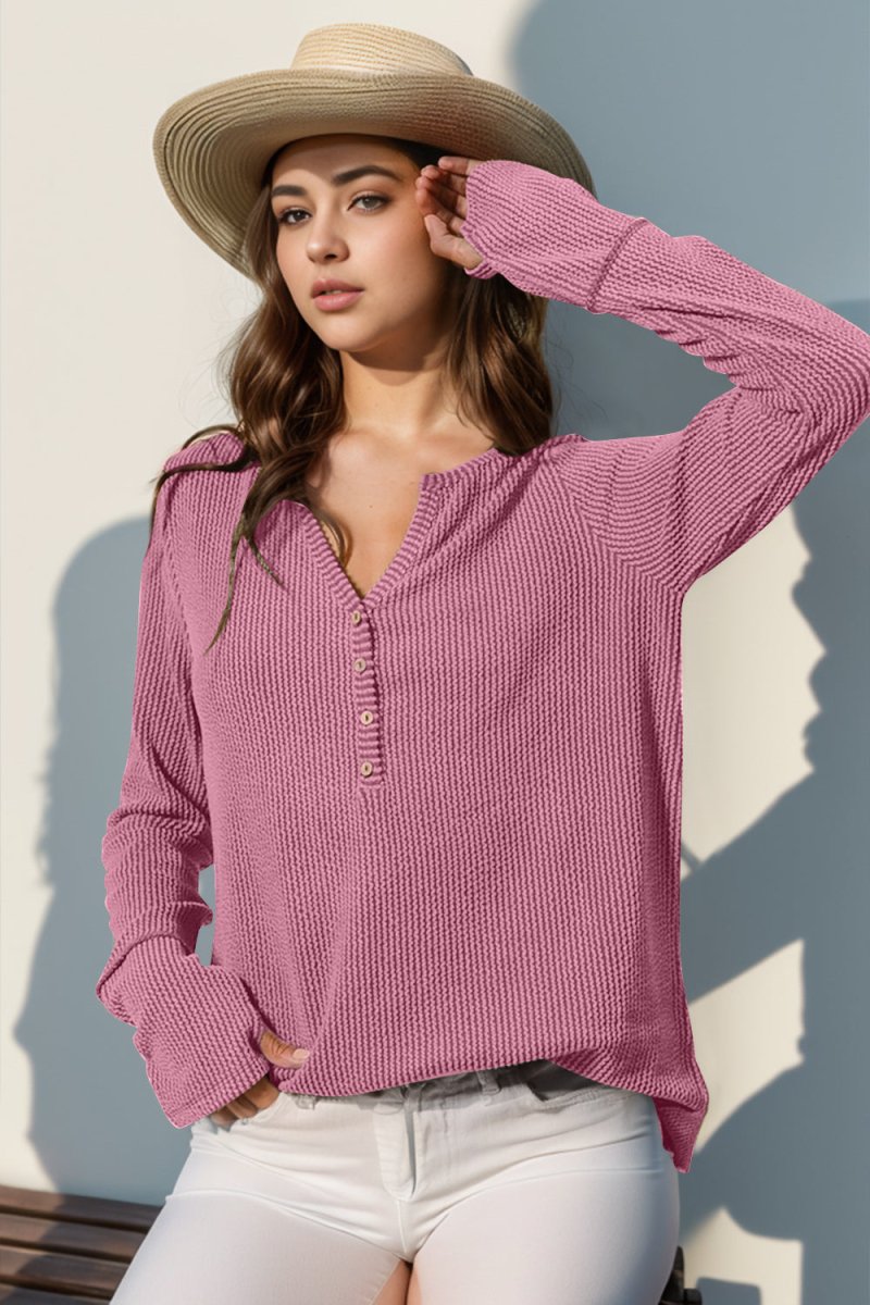 Full Size Notched Thumbhole Long Sleeve T-Shirt - Diverse Creations & CompanyDouble Take Full Size Notched Thumbhole Long Sleeve T-ShirtPink