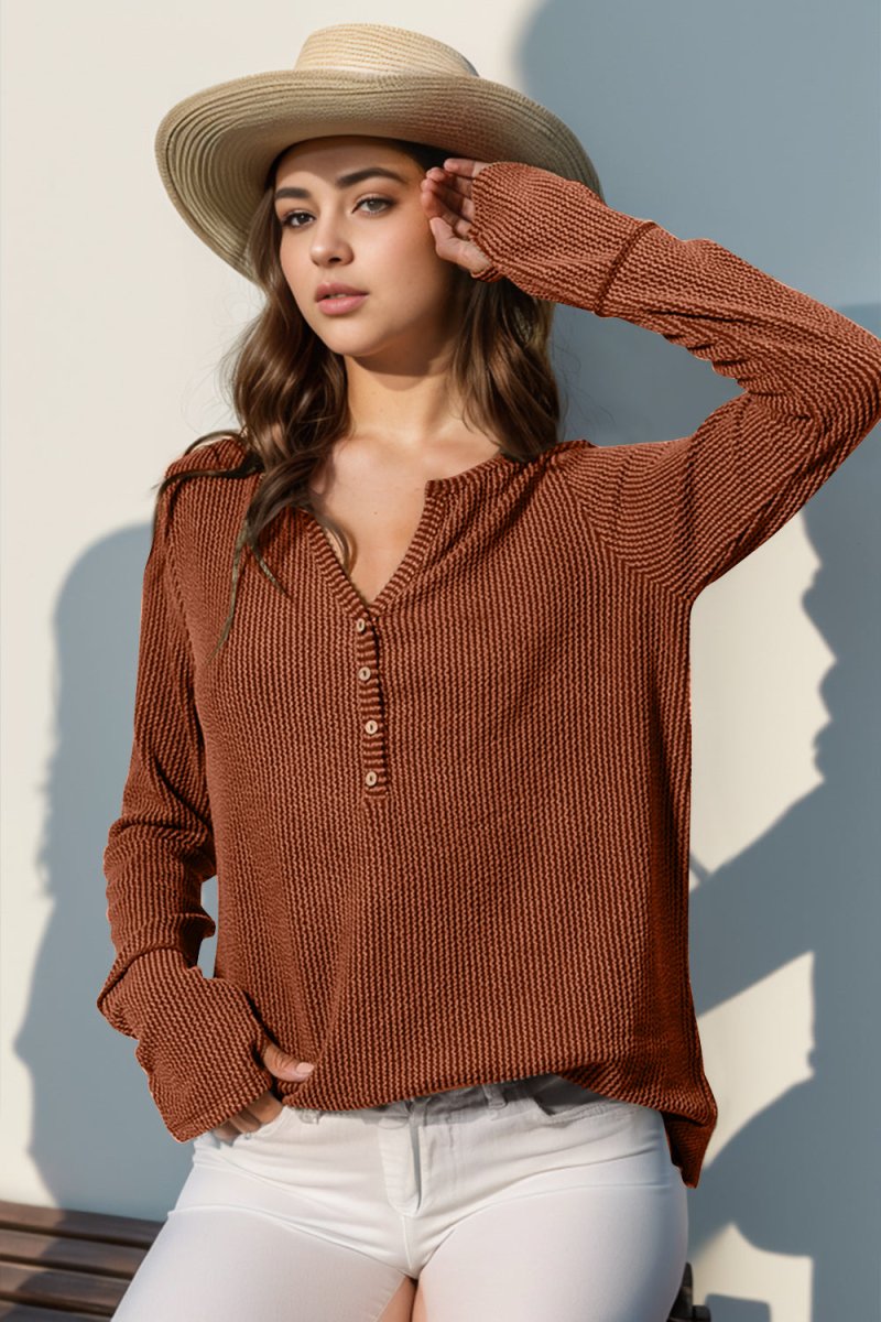 Full Size Notched Thumbhole Long Sleeve T-Shirt - Diverse Creations & CompanyDouble Take Full Size Notched Thumbhole Long Sleeve T-ShirtCaramel