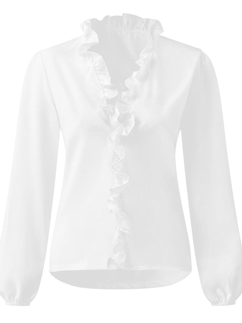 Full Size Ruffled V - Neck Long Sleeve Blouse - Diverse Creations & CompanyBlouseWhite