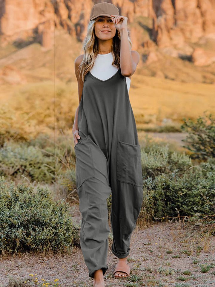 Full Size Sleeveless V - Neck Pocketed Jumpsuit - Diverse Creations & CompanyDouble Take Full Size Sleeveless V - Neck Pocketed JumpsuitDark Gray