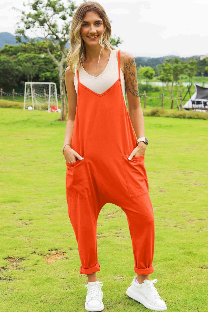 Full Size Sleeveless V - Neck Pocketed Jumpsuit - Diverse Creations & CompanyDouble Take Full Size Sleeveless V - Neck Pocketed JumpsuitOrange