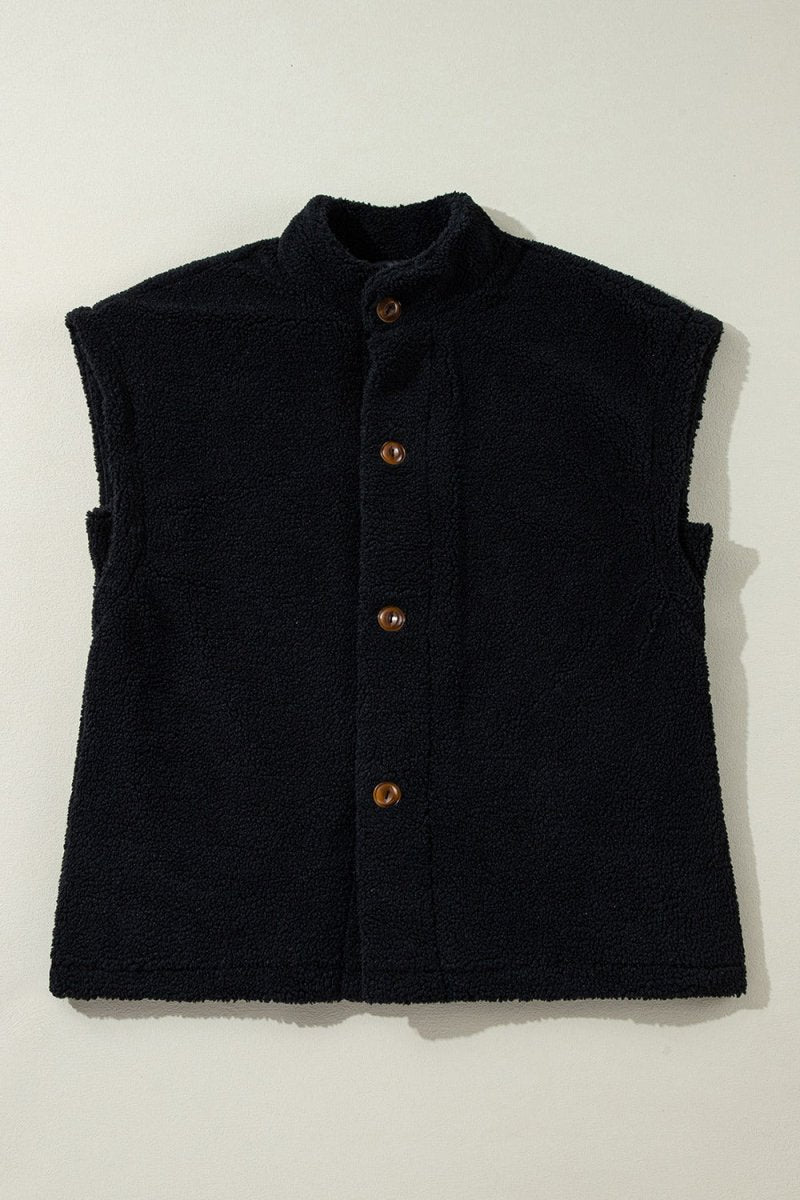 Fuzzy Mock Neck Button Up Vest Coat - Diverse Creations & CompanyFuzzy Mock Neck Button Up Vest CoatBlack