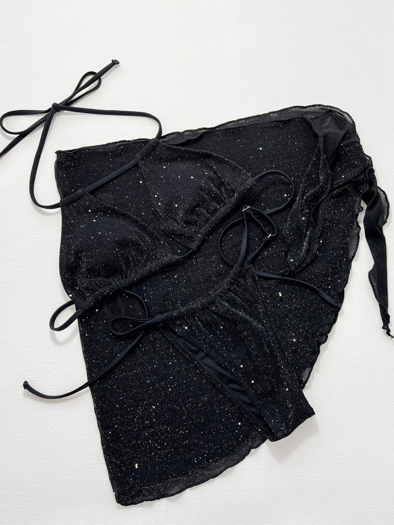 Glitter Halter Neck Backless Three - Piece Swim Set - Diverse Creations & CompanySwimwear BikiniBlack
