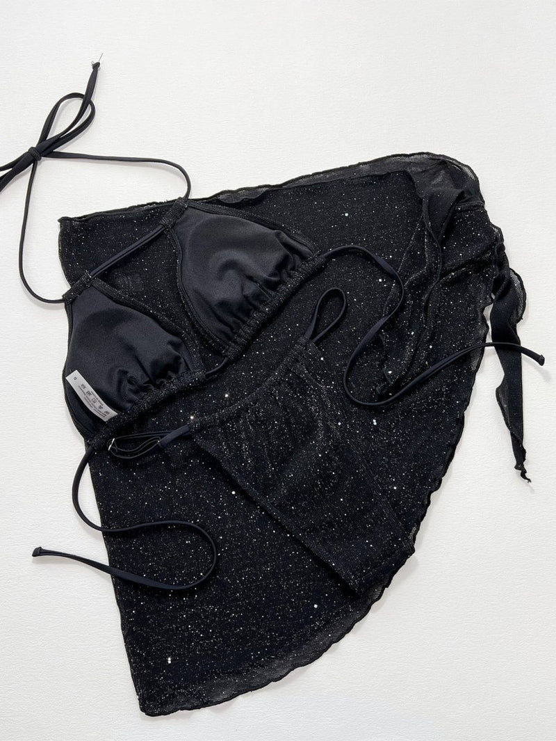 Glitter Halter Neck Backless Three - Piece Swim Set - Diverse Creations & CompanySwimwear BikiniBlack