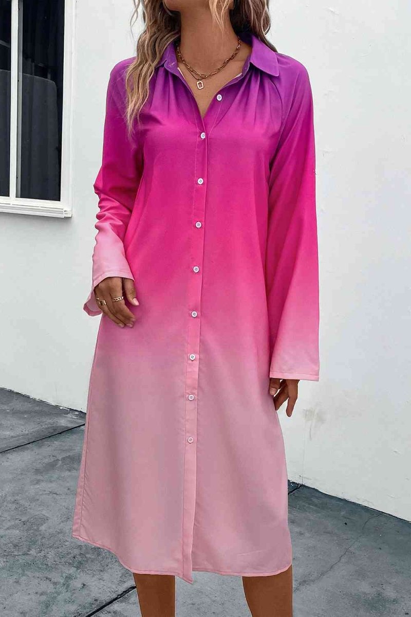 Gradient Long Sleeve Shirt Dress - Diverse Creations & CompanyLong Sleeve Shirt DressHot Pink