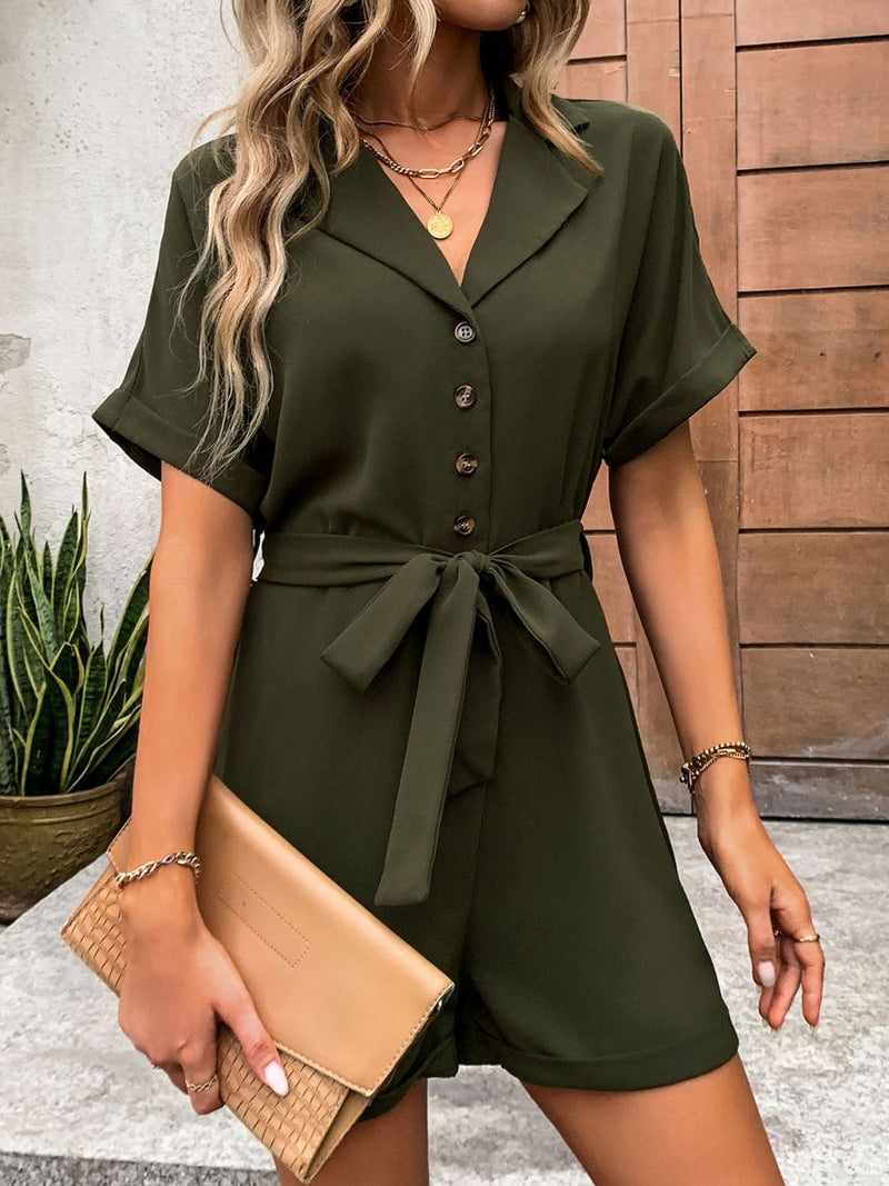 Half Button Tie Waist Short Sleeve Romper - Diverse Creations & CompanyShort Sleeve RomperArmy Green