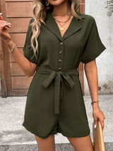 Half Button Tie Waist Short Sleeve Romper - Diverse Creations & CompanyShort Sleeve RomperArmy Green