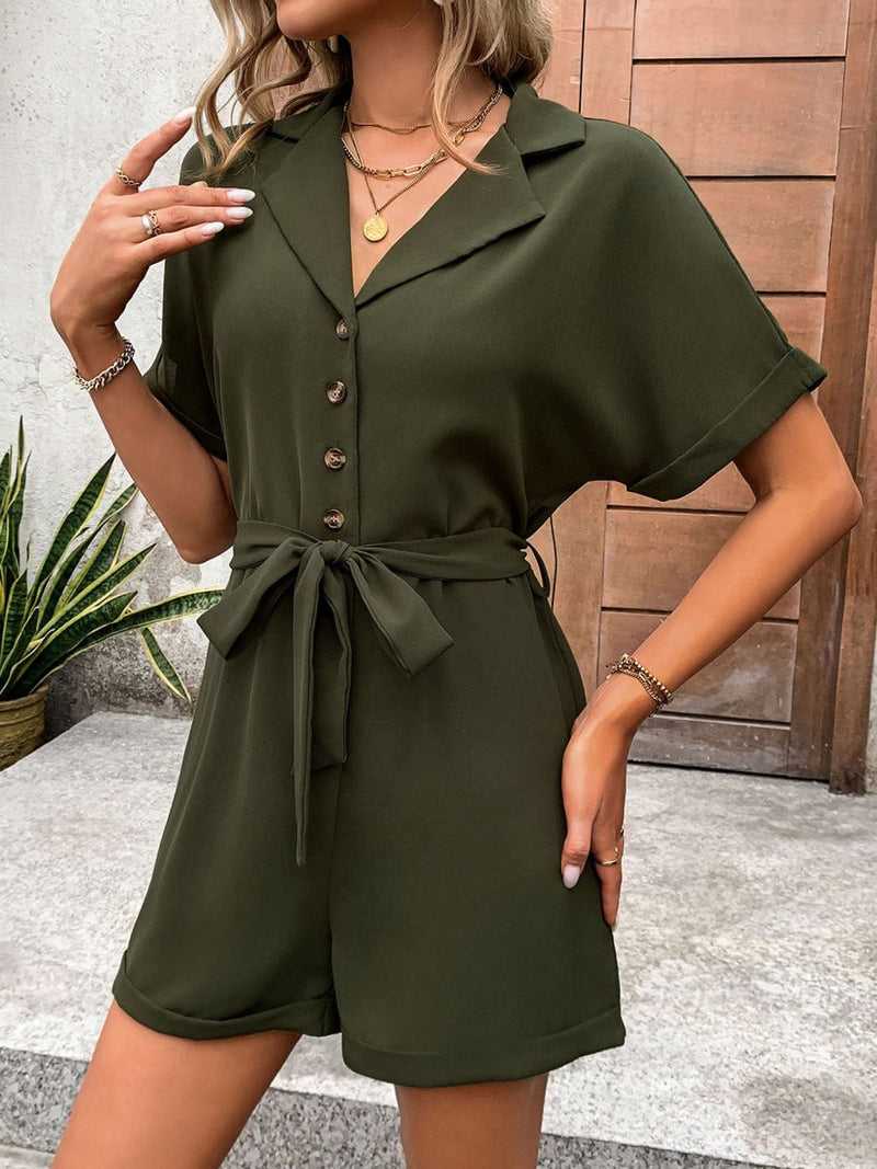 Half Button Tie Waist Short Sleeve Romper - Diverse Creations & CompanyShort Sleeve RomperArmy Green