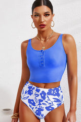 Half Snap Square Neck Tanking Set - Diverse Creations & CompanySwimwear Tankini SetBlue