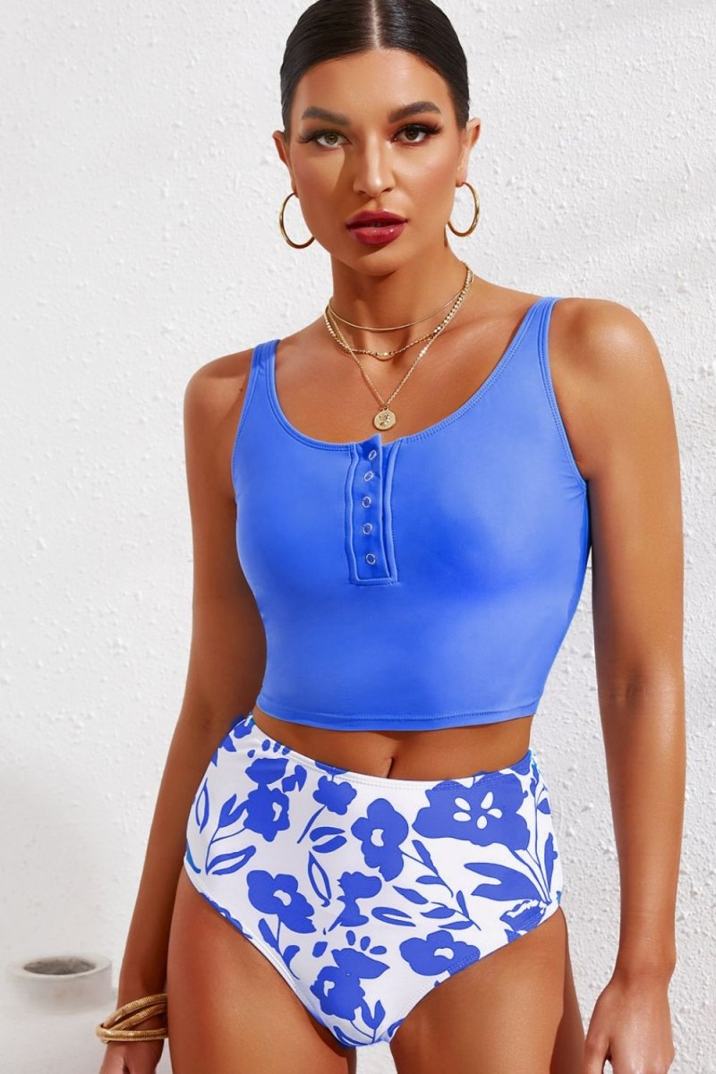 Half Snap Square Neck Tanking Set - Diverse Creations & CompanySwimwear Tankini SetBlue