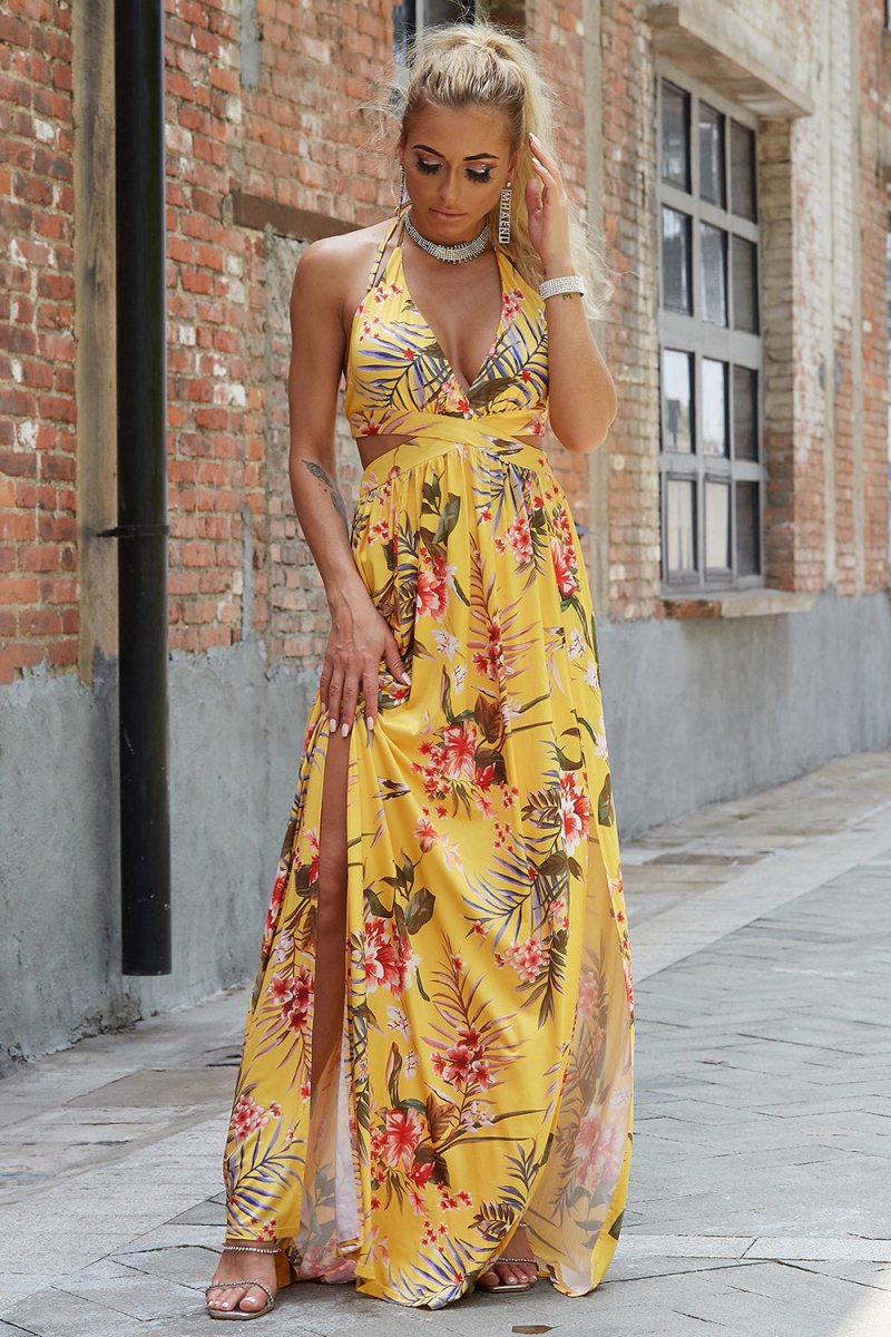 Halter Neck Split Dress - Diverse Creations & CompanyHalter dressBanana Yellow