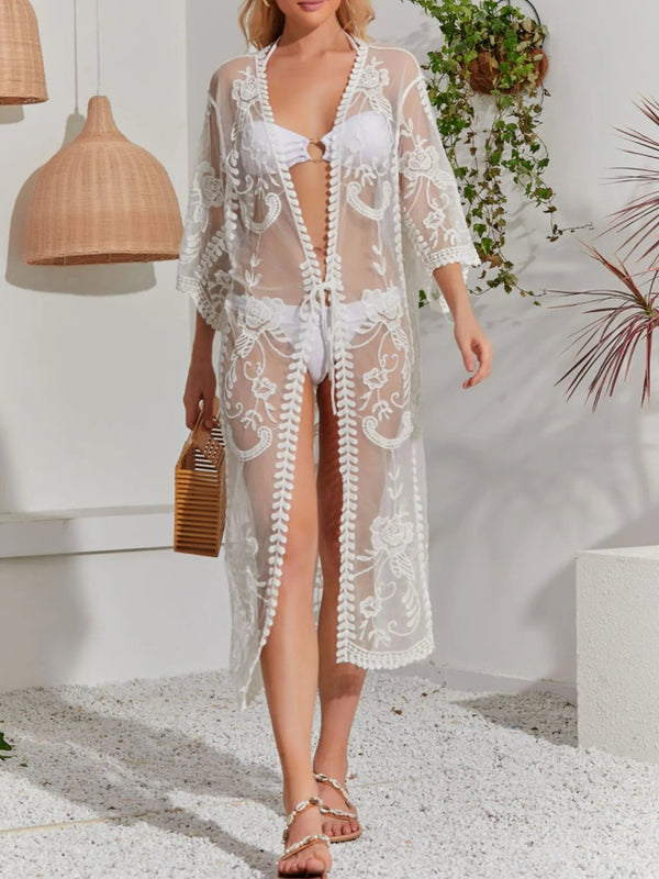 Lace Detail Open Front Longline Cover - Up - Diverse Creations & CompanyCover - Ups swimwearWhite