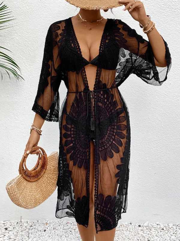 Lace Open Front Longline Cover - Up - Diverse Creations & CompanyCover - Ups swimwearBlack