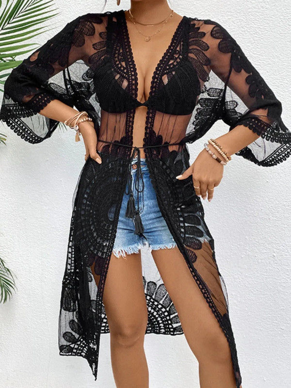Lace Open Front Longline Cover - Up - Diverse Creations & CompanyCover - Ups swimwearBlack