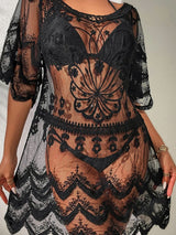 Lace Round Neck Half Sleeve Cover - Up - Diverse Creations & CompanyCover - Ups swimwearBlack