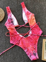 Lace - Up Backless Plunge One - Piece Swimwear - Diverse Creations & CompanyOne Piece SwimsuitHot Pink