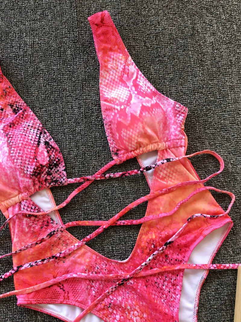 Lace - Up Backless Plunge One - Piece Swimwear - Diverse Creations & CompanyOne Piece SwimsuitHot Pink