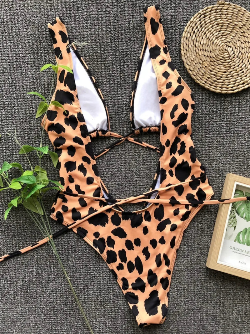 Lace - Up Backless Plunge One - Piece Swimwear - Diverse Creations & CompanyOne Piece SwimsuitTangerine