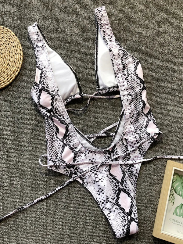 Lace - Up Backless Plunge One - Piece Swimwear - Diverse Creations & CompanyOne Piece SwimsuitWhite
