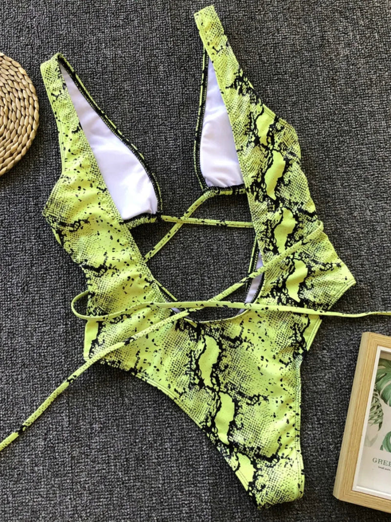 Lace - Up Backless Plunge One - Piece Swimwear - Diverse Creations & CompanyOne Piece SwimsuitYellow - Green